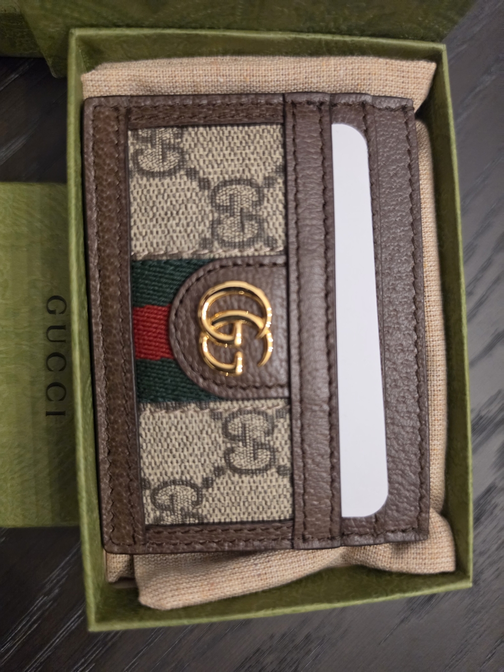 Gucci Brown GG Supreme Card Holder with Green-Red Web and Gold Double G